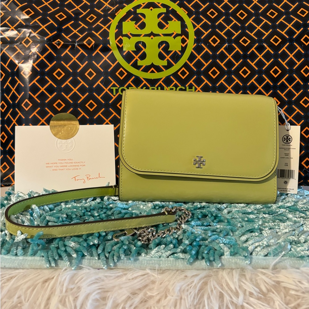 Brand New Authentic Tory Burch Emerson Patent Chain Wallet Candy Lime /705